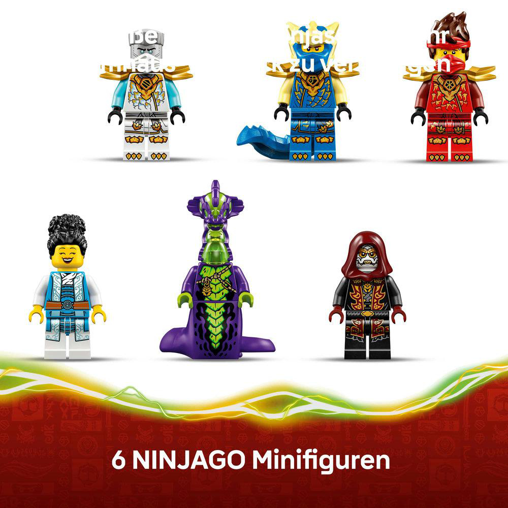 Sechs Ninjago-Minifiguren: weiße, blaue und rote Charaktere mit einzigartigen Designs, ein lila Drache und eine rote Kapuzenfigur.