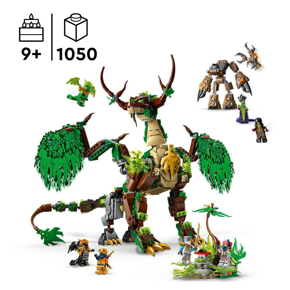 Ein Lego-Set mit einem grünen und braunen Drachen, verschiedenen Minifiguren und Bausteinen, vor weißem Hintergrund.