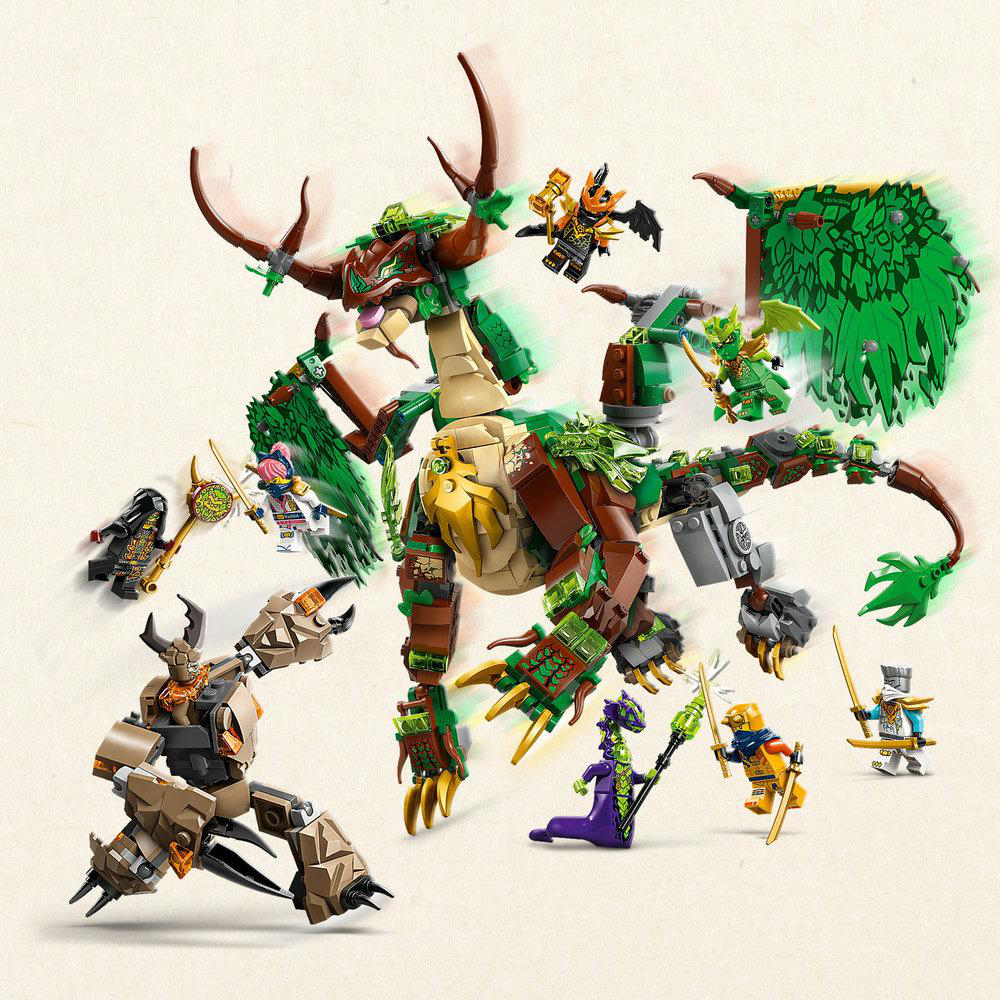 Ein Lego-Set mit einem großen Drachen und mehreren Minifiguren. Der Drache ist braun und grün, und die Minifiguren sind in Action-Posen.