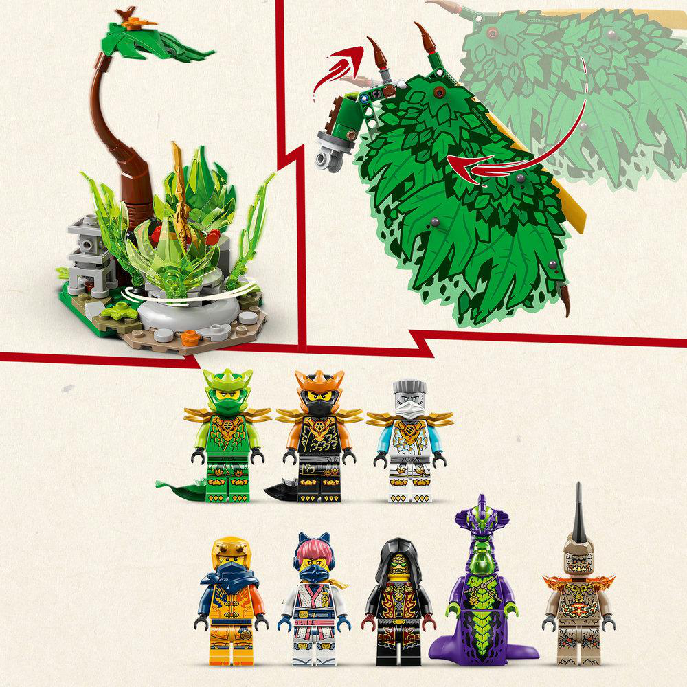 Lego Ninjago Set mit Minifiguren, einem grünen, blattartigen Drachenflügel und einer Pflanzenstruktur mit grünen Blättern und einem braunen Stiel.