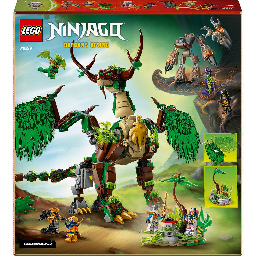 Lego Ninjago Dragons Rising Set Box. Ein großer Drache dominiert das Bild. Verschiedene Ninjago-Charaktere und Kreaturen sind in der Szene.