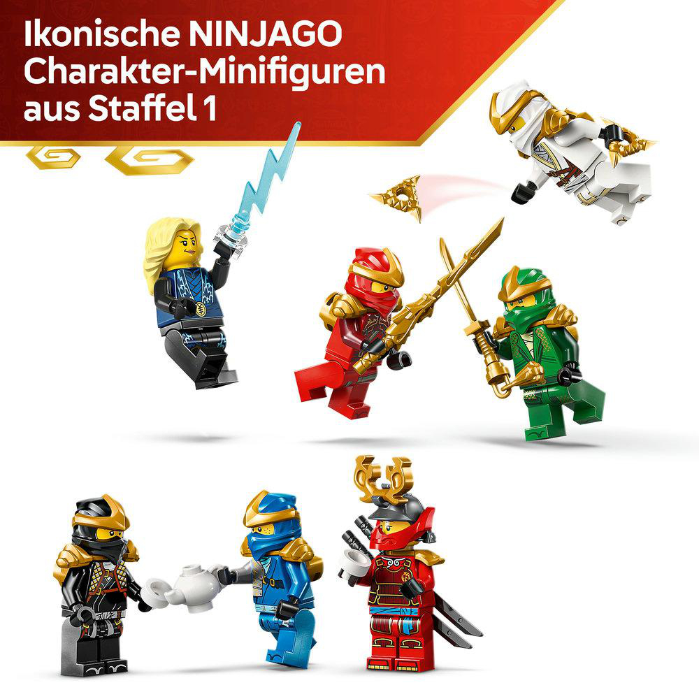 Mehrere Lego Ninjago Minifiguren werden gezeigt. Die Charaktere sind in verschiedenen Farben und Posen und halten Waffen.