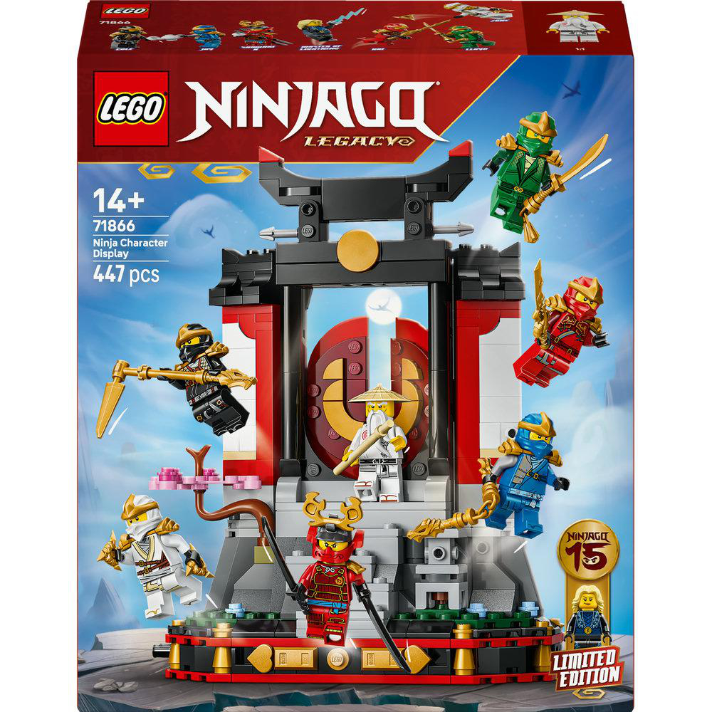Lego Ninjago-Setbox mit Ninja-Charakteren in Actionposen. In der Mitte befindet sich ein Display mit einem Tor und einem kreisförmigen Emblem.