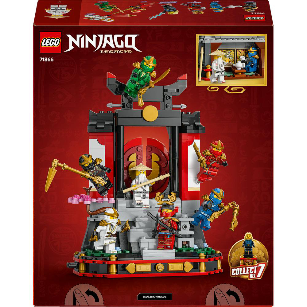 Lego Ninjago Set-Box. Enthält mehrere Ninja-Figuren, eine Tempelstruktur und das Ninjago Legacy-Logo.
