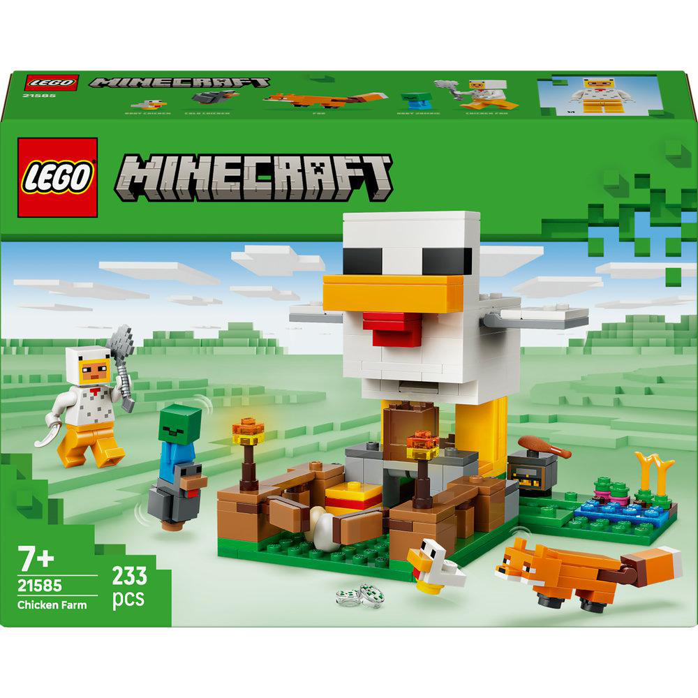 Lego Minecraft Chicken Farm Set. Weiße Hühnerstruktur, Figuren, Fuchs und Zubehör auf grüner Basis. Hintergrund zeigt eine Minecraft-Szene.