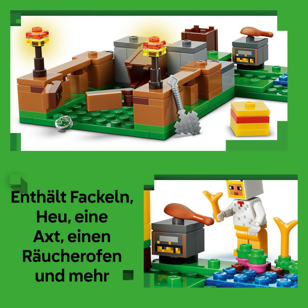 Minecraft Lego-Set mit braunen Strukturen, Fackeln, einer Axt und einer Figur. Grüne und blaue Blöcke bilden die Basis.