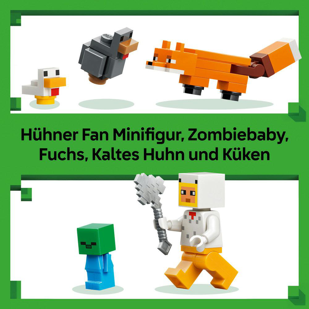 Das Bild zeigt Lego-Minifiguren-Spielzeuge: ein Huhn, einen Wolf, einen Fuchs, ein Zombiebaby und eine Figur mit einem silbernen Werkzeug.