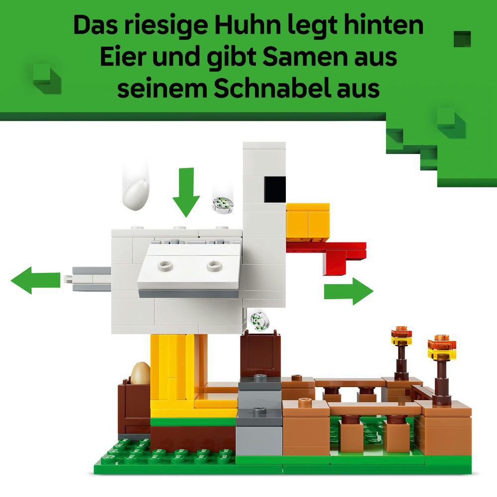 Ein Lego-Huhn legt Eier und gibt Samen. Grüne, weiße, gelbe und braune Blöcke werden verwendet, um die Szene zu erstellen.