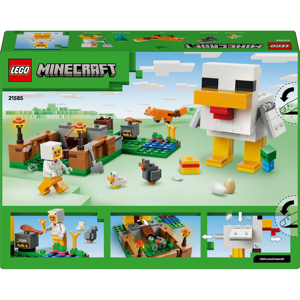 LEGO Minecraft Set-Box. Enthält eine Hühnerfigur, Minecraft-Charaktere und Bausteine. Mit grünem Hintergrund und blauem Himmel.