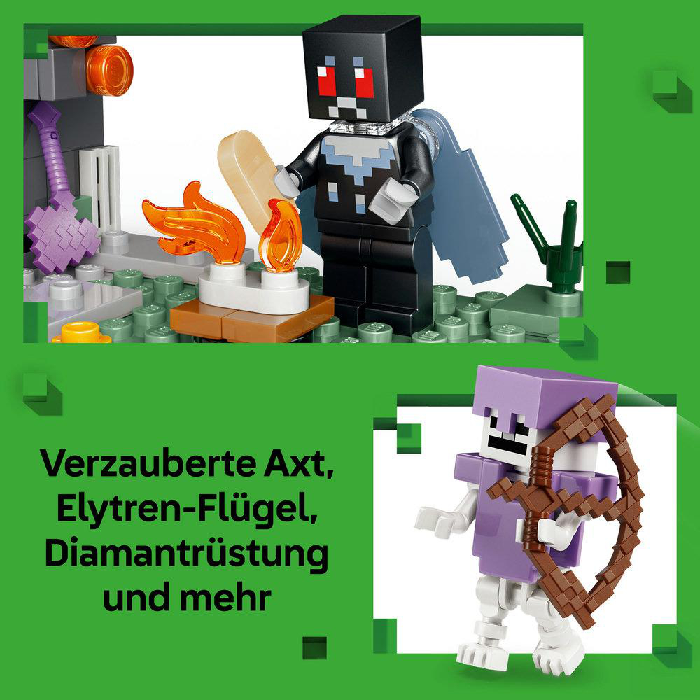 Minecraft Lego-Set. Eine schwarze Figur mit Umhang, eine lila Figur mit Bogen und Text auf Deutsch.