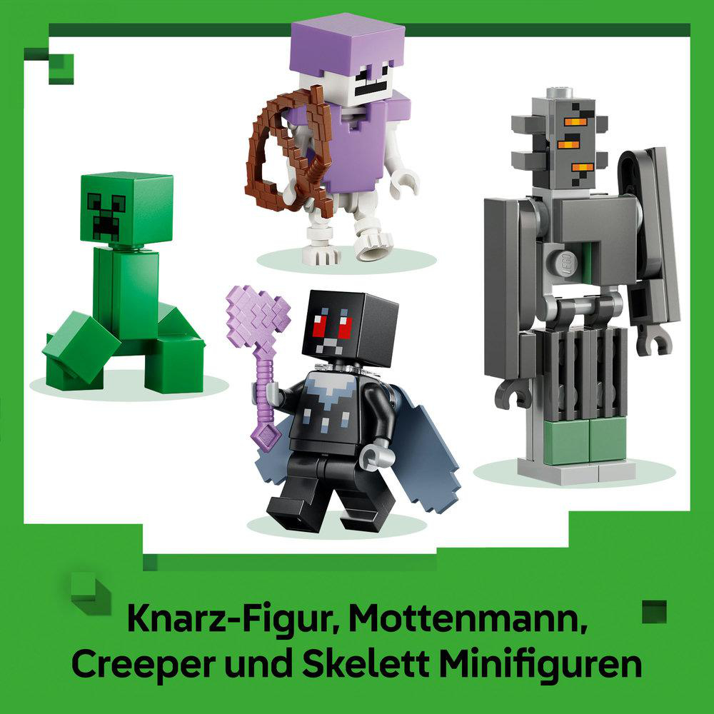Das Bild zeigt vier Minecraft-Minifiguren: Creeper, Skelett, lila Figur mit Bogen und eine dunkle Figur mit lila Axt.