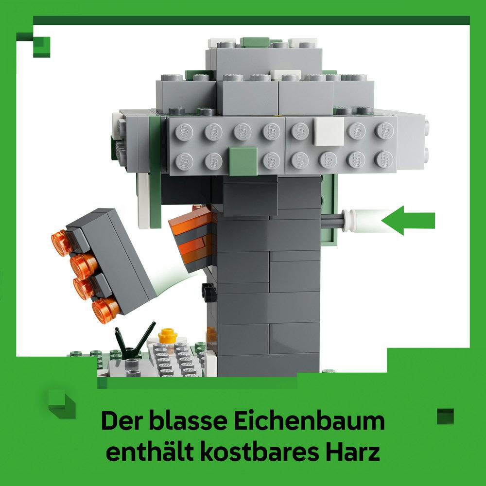 Ein Lego-Baum mit grauem Stamm, orangefarbenen Akzenten und grünem Pfeil. Text: Die blasse Eiche enthält kostbares Harz.