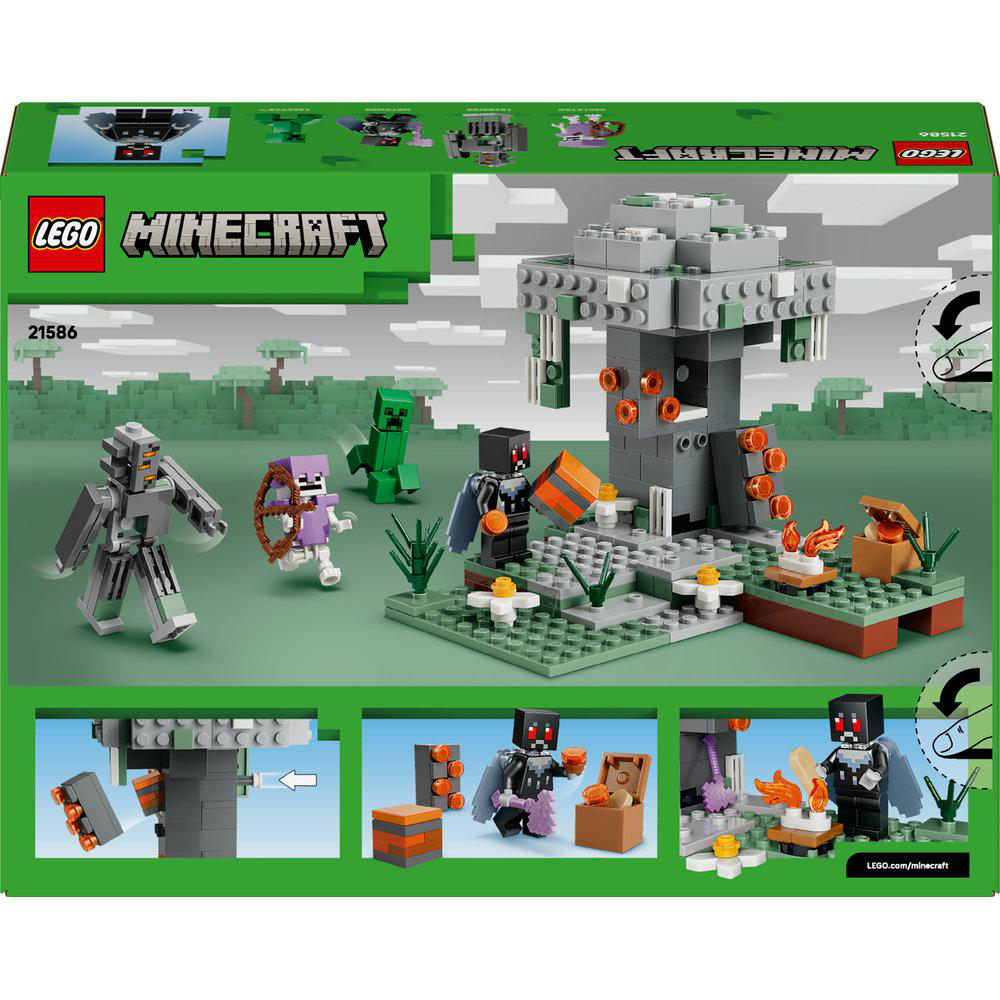 Lego Minecraft Set-Box. Gezeigt werden Charaktere und Strukturen. Enthält eine baumartige Struktur, Figuren und das Minecraft-Logo.
