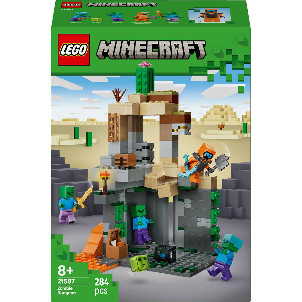 Minecraft Lego-Set-Box mit einer Szene mit Zombies, einer Struktur und Charakteren. Auf der Box steht 'Zombie Dungeon'.