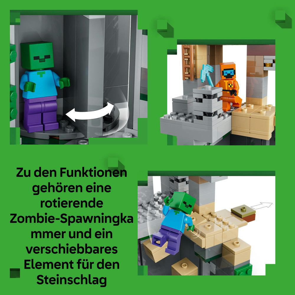 Minecraft-Set mit Zombie-Figur. Rotierende Zombie-Kammer und ein bewegliches Element für Steinschlag sind dargestellt.
