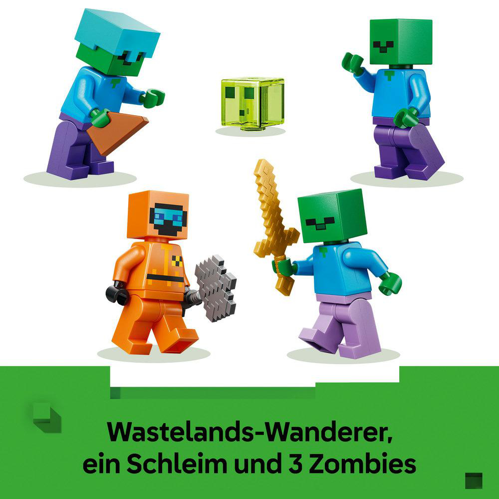 Das Bild zeigt vier Minecraft-Figuren: drei Zombies, eine orange Figur und einen grünen Schleim. Die Zombies haben grüne Köpfe und blaue Körper.