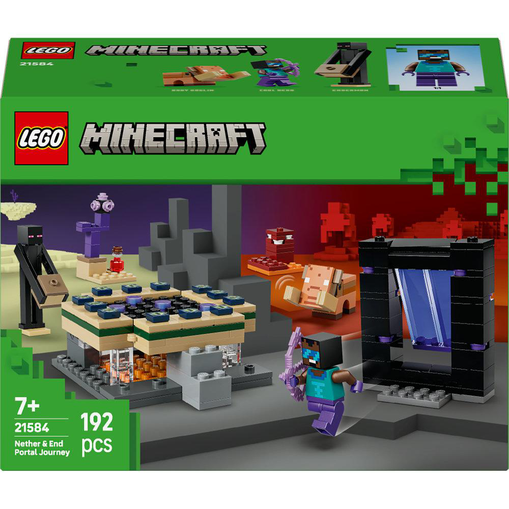 LEGO Minecraft Set-Box. Enthält Figuren, Netherportal und verschiedene Minecraft-Strukturen. Grüner Hintergrund mit Minecraft-Logo.