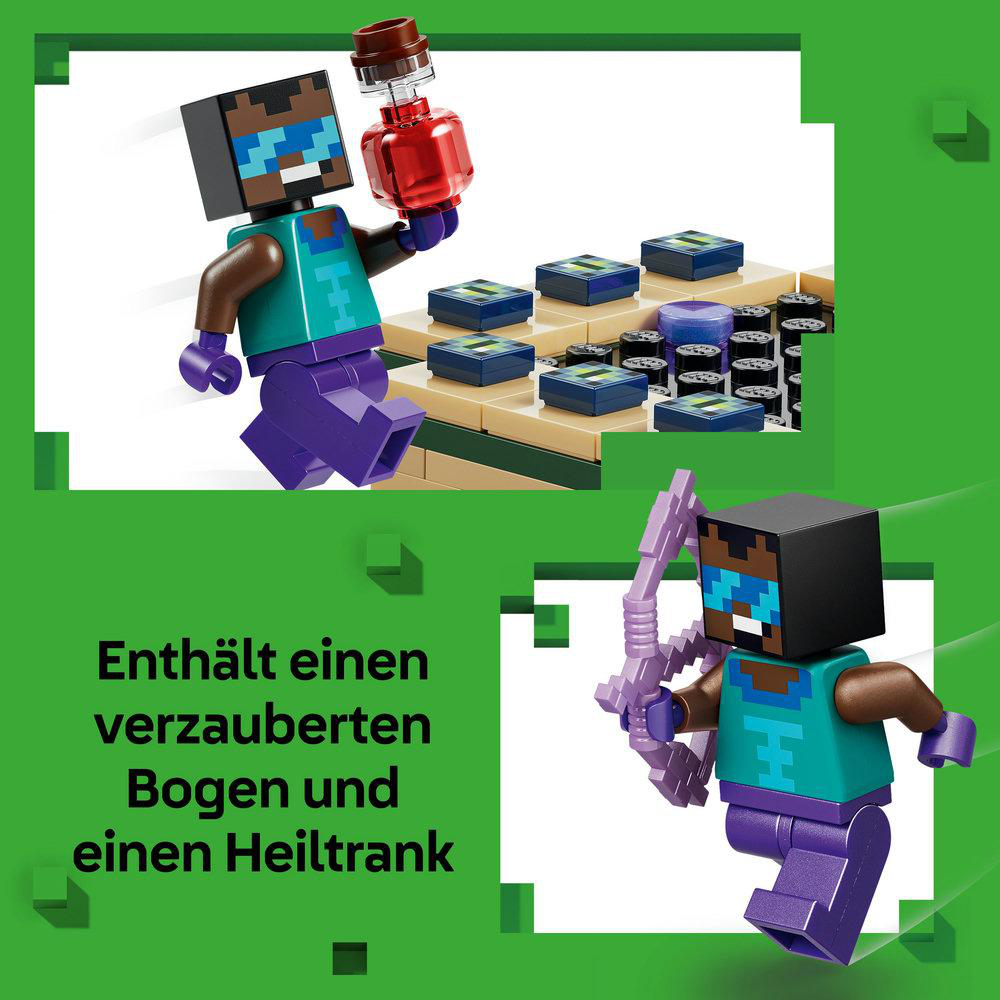 Minecraft-Figuren, die einen Trank und einen Bogen halten. Die Figuren bestehen aus Blöcken und befinden sich auf grünem Hintergrund.