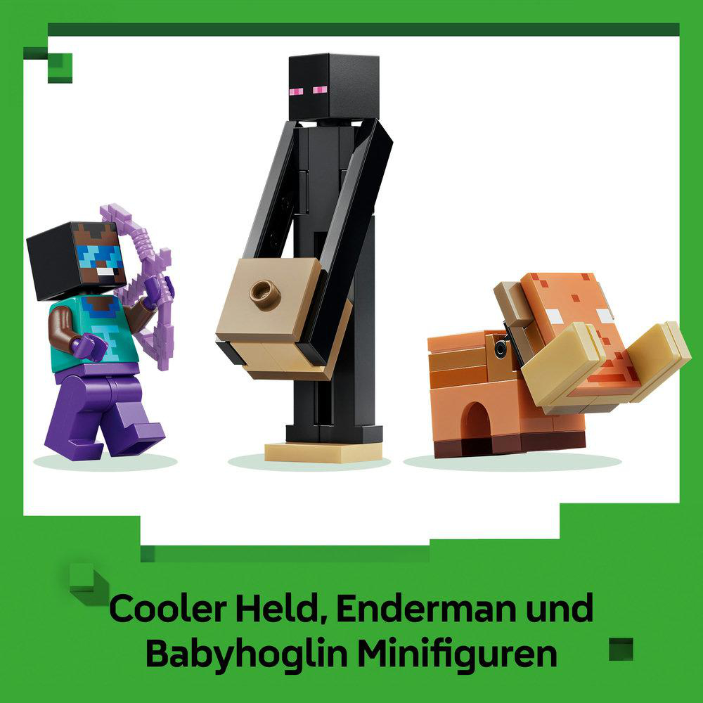 Minecraft-Minifiguren: Steve mit Bogen, Enderman und Baby-Hoglin. Bunte Figuren auf grünem Hintergrund.