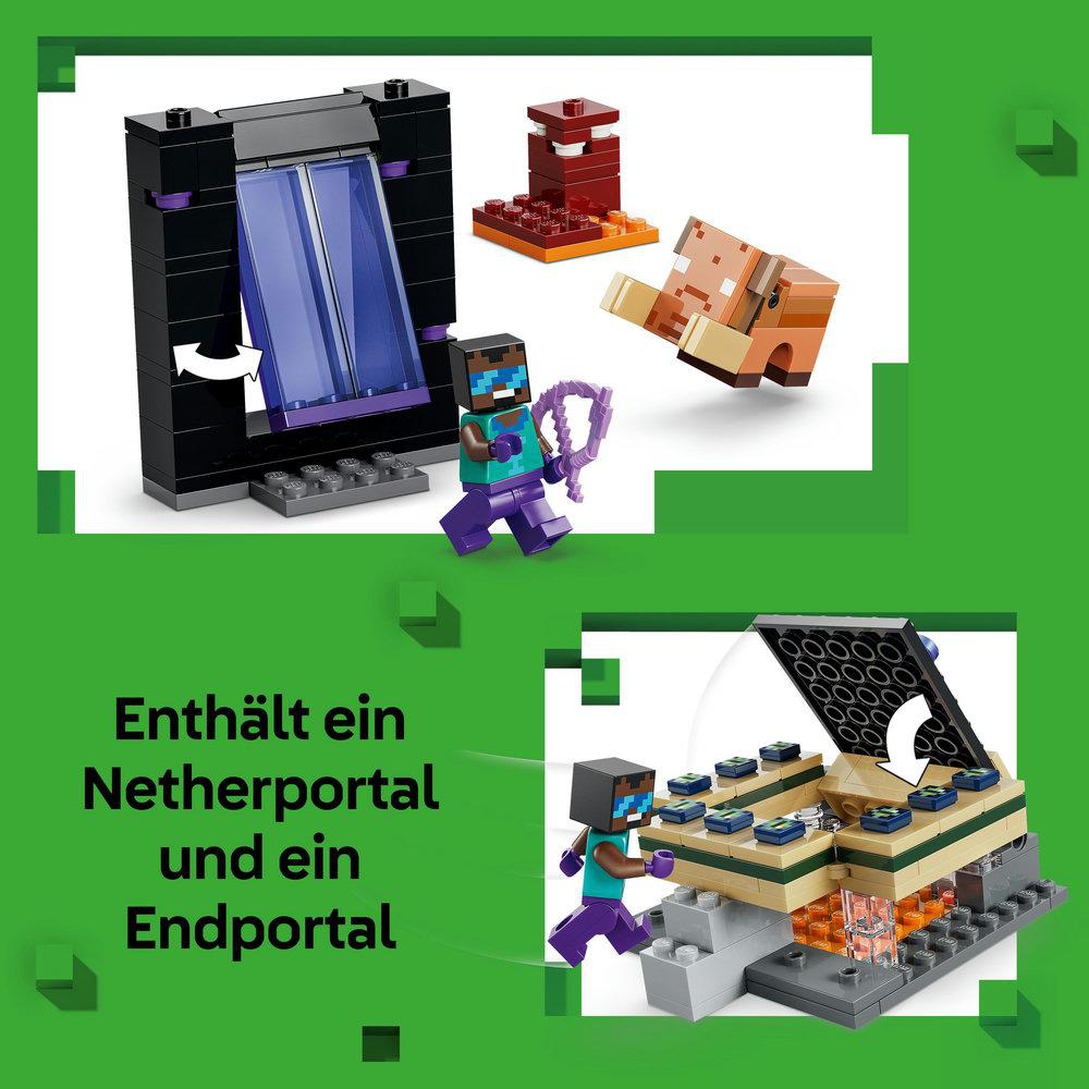 Minecraft-Set mit Nether- und Endportalen, Charakteren und anderen Blockstrukturen. Die Szene befindet sich auf grünem Hintergrund.