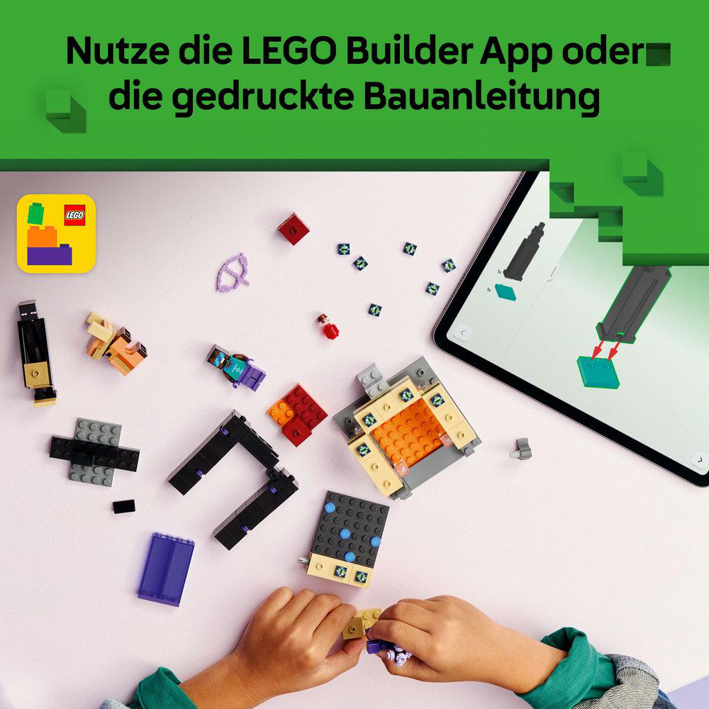 Lego-Set-Komponenten liegen auf einem Tisch. Ein Tablet zeigt Anweisungen. Kinderhände bauen mit kleinen Steinen.