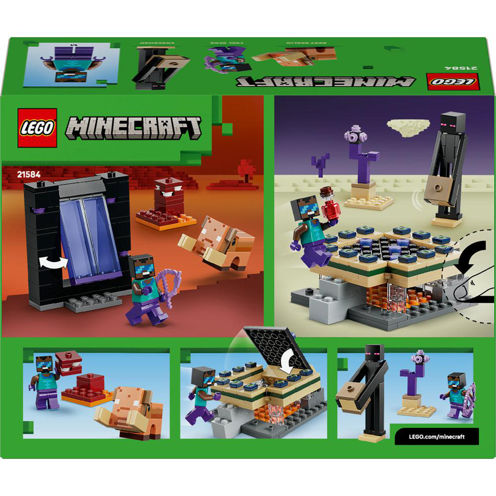 LEGO Minecraft Box. Zeigt Szenen des Spiels mit blockartigen Charakteren, Strukturen und dem Minecraft-Logo. Grüner Hintergrund.