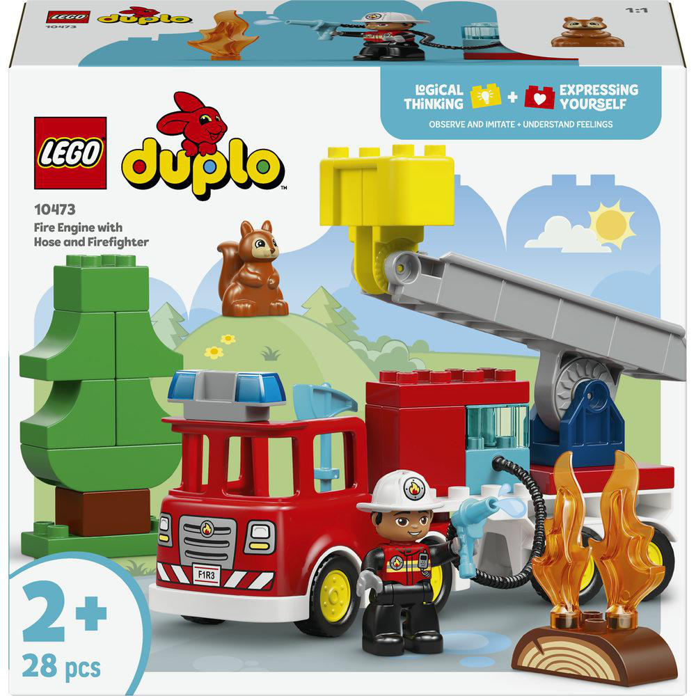 Auf einer Lego Duplo-Set-Box sind ein rotes Feuerwehrauto, eine Feuerwehrmannfigur, ein Eichhörnchen und Flammen abgebildet. Es ist für Kinder ab 2 Jahren mit 28 Teilen.