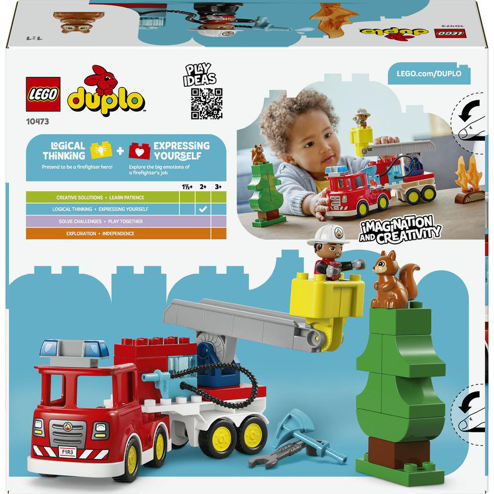 Eine Lego Duplo Box zeigt ein Kind, das mit Feuerwehrautospielzeug spielt. Die Box enthält Bilder von Spielzeug, einem Kind und Text.