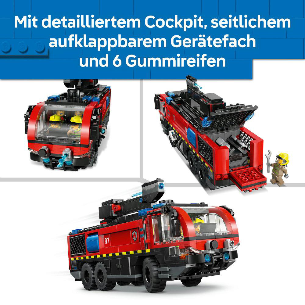 Drei Bilder zeigen rote Spielzeug-Feuerwehrfahrzeuge mit detaillierten Cockpits, Seitenfächern und 6 Gummireifen, mit einer Spielfigur.