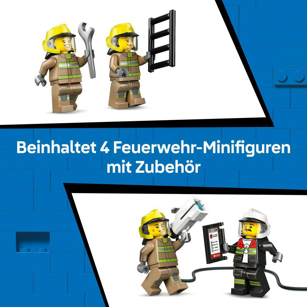 Gezeigt werden vier LEGO-Feuerwehrmann-Minifiguren mit Zubehör. Einer hält einen Schraubenschlüssel, ein anderer eine Leiter und andere Werkzeuge.