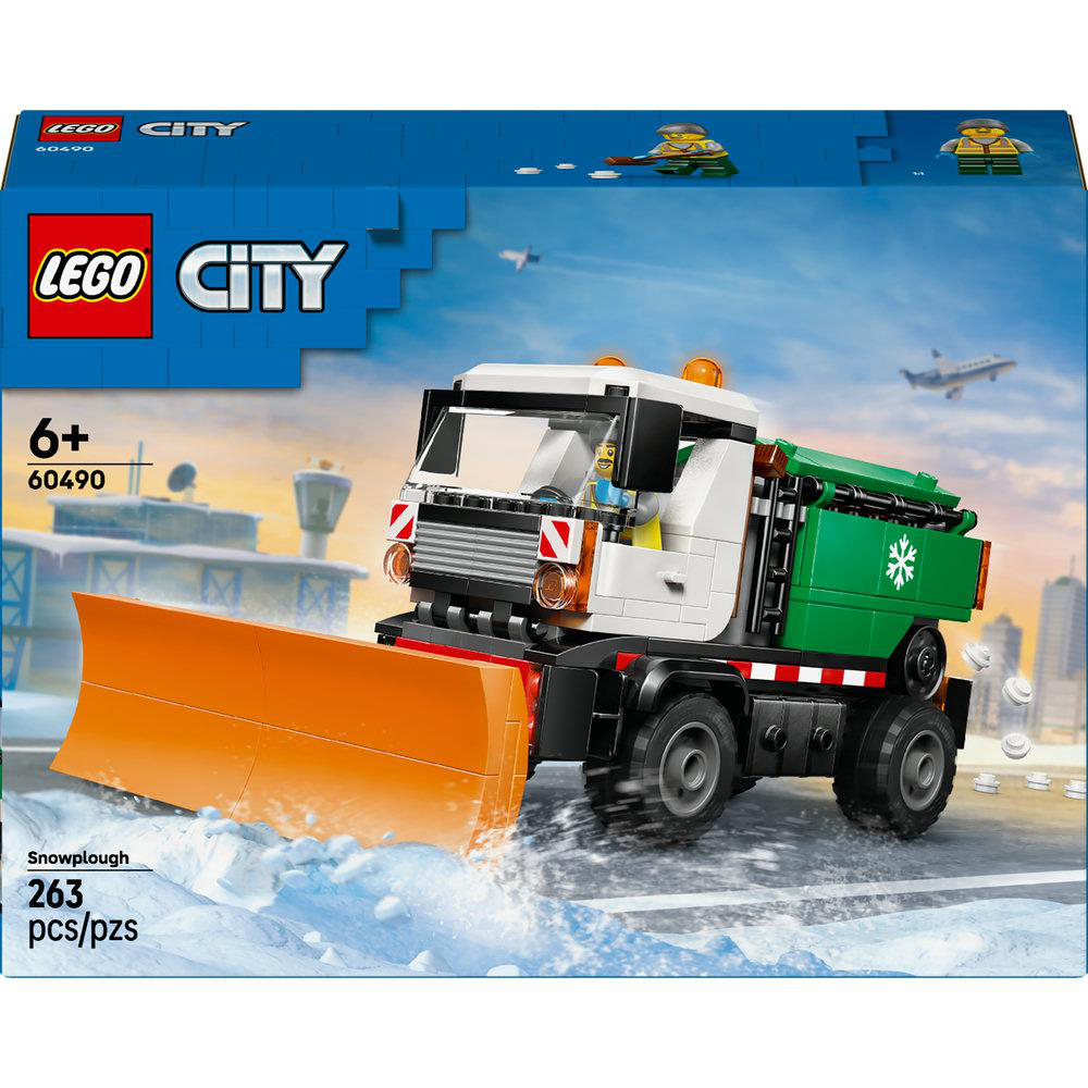 Lego City Schneepflug-Set-Box-Art. Der Truck hat einen orangen Pflug, eine weiße Kabine und einen grünen Rücken. Ein Flugzeug fliegt am Himmel.