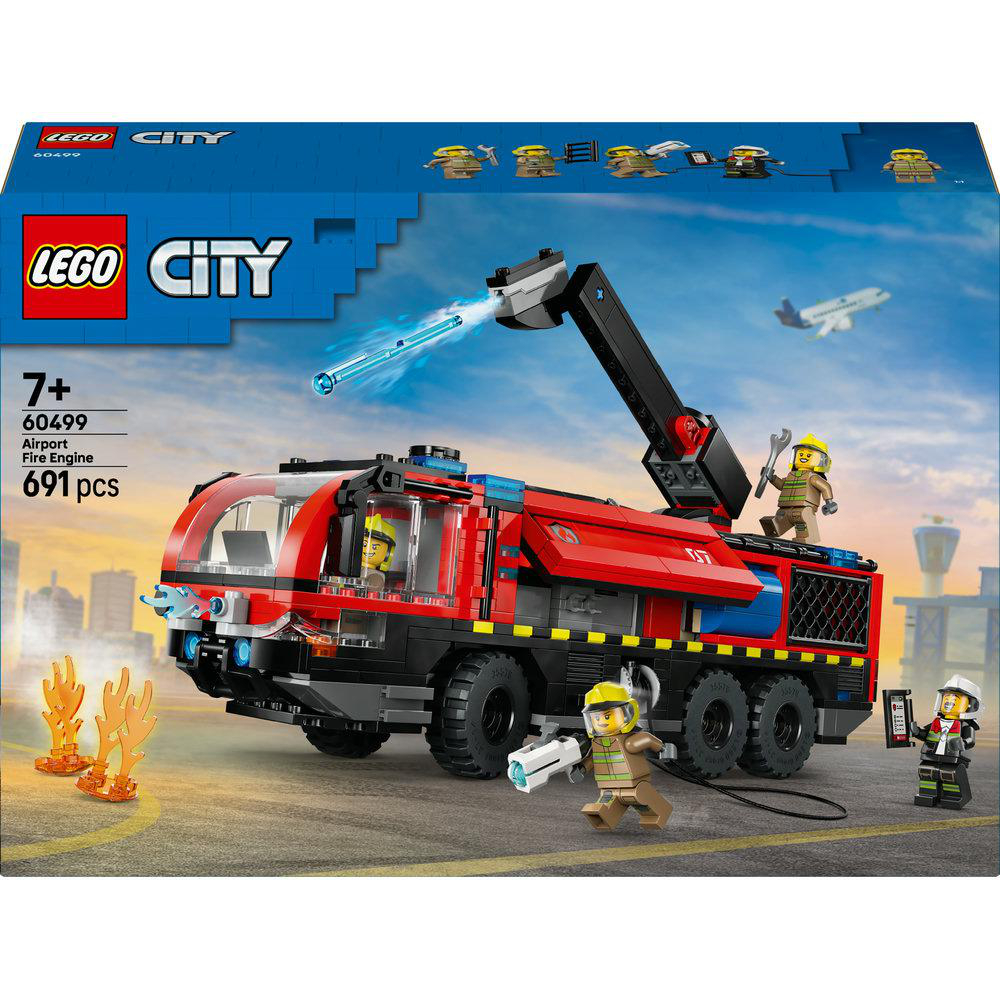 Lego City Flughafen Feuerwehr-Set. Enthält einen roten Feuerwehrauto, Minifiguren, Flammen und ein Flugzeug im Hintergrund.