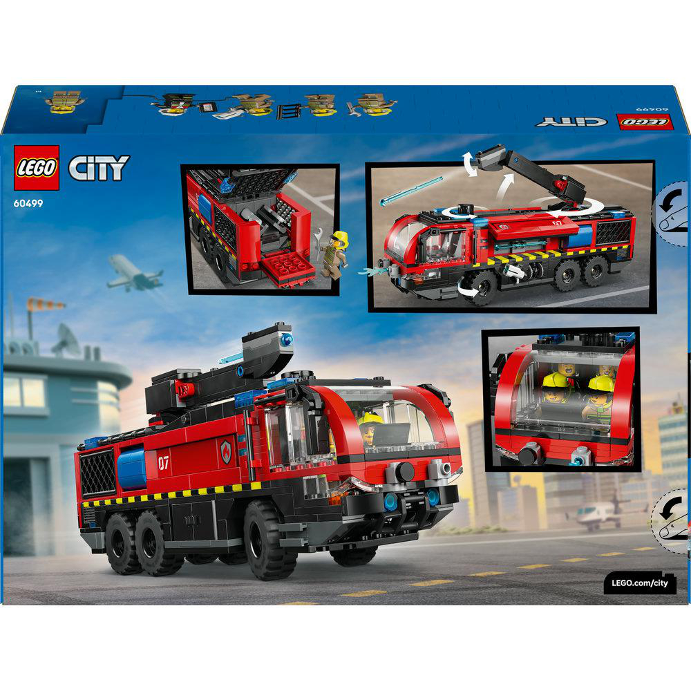 Lego City Feuerwehr-Truck-Set. Roter Truck mit schwarzen Details, gelben Akzenten und blauen Lichtern. Enthält Minifiguren und einen Kran.