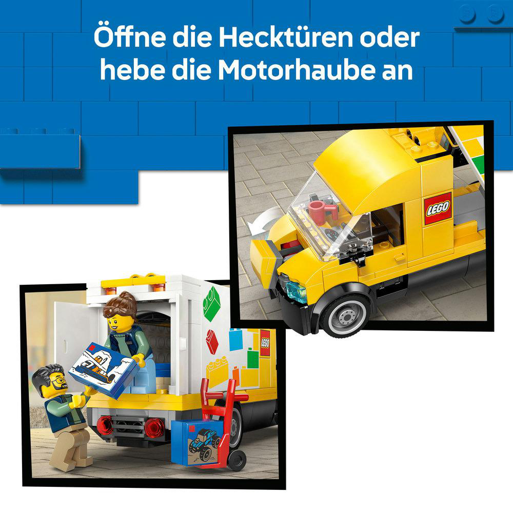 Ein Lego-Set zeigt einen gelben LKW und einen weißen LKW mit zwei Figuren, die Kisten verladen. Der Text sagt, man soll die Türen öffnen oder die Motorhaube anheben.