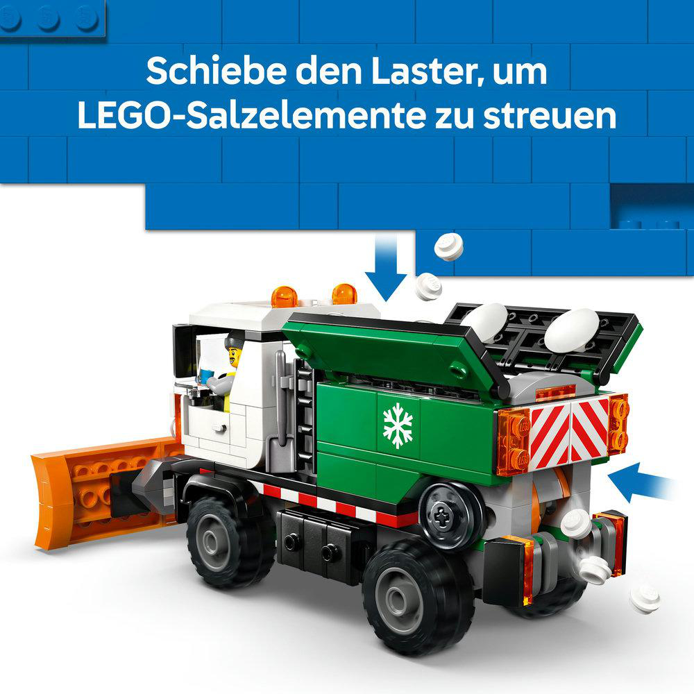 Ein Lego-Streufahrzeug ist abgebildet. Es hat einen grünen Salzbehälter mit Schneeflockenmuster. Weiße Salzelemente fallen.