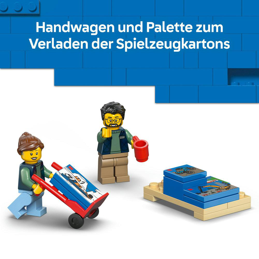 Lego-Figuren mit einem Handwagen und Spielzeugkisten. Eine Figur hält einen roten Becher. Blaue Lego-Blöcke im Hintergrund.