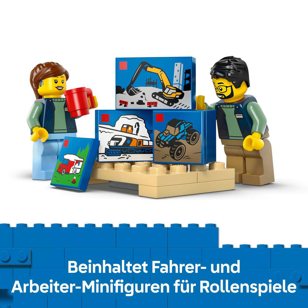 Lego-Minifiguren, die Spielzeugkisten mit Baufahrzeugen halten. Die Kisten stehen auf einer Lego-Basis, mit einer blauen Lego-Basis im Hintergrund.