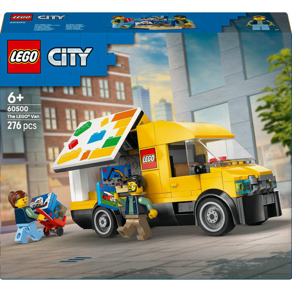 LEGO City Van-Set-Box. Gelber Van mit aufklappbarem Dach, Minifiguren und Zubehör. Das Set enthält 276 Teile.