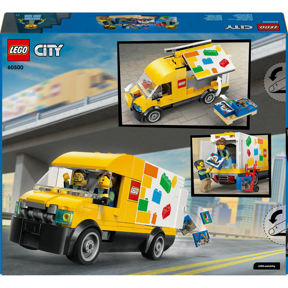 Lego City-Box. Gelber Lego-Truck mit fahrenden Figuren. Zusätzliche Lego-Truck-Bilder und Figuren werden gezeigt.