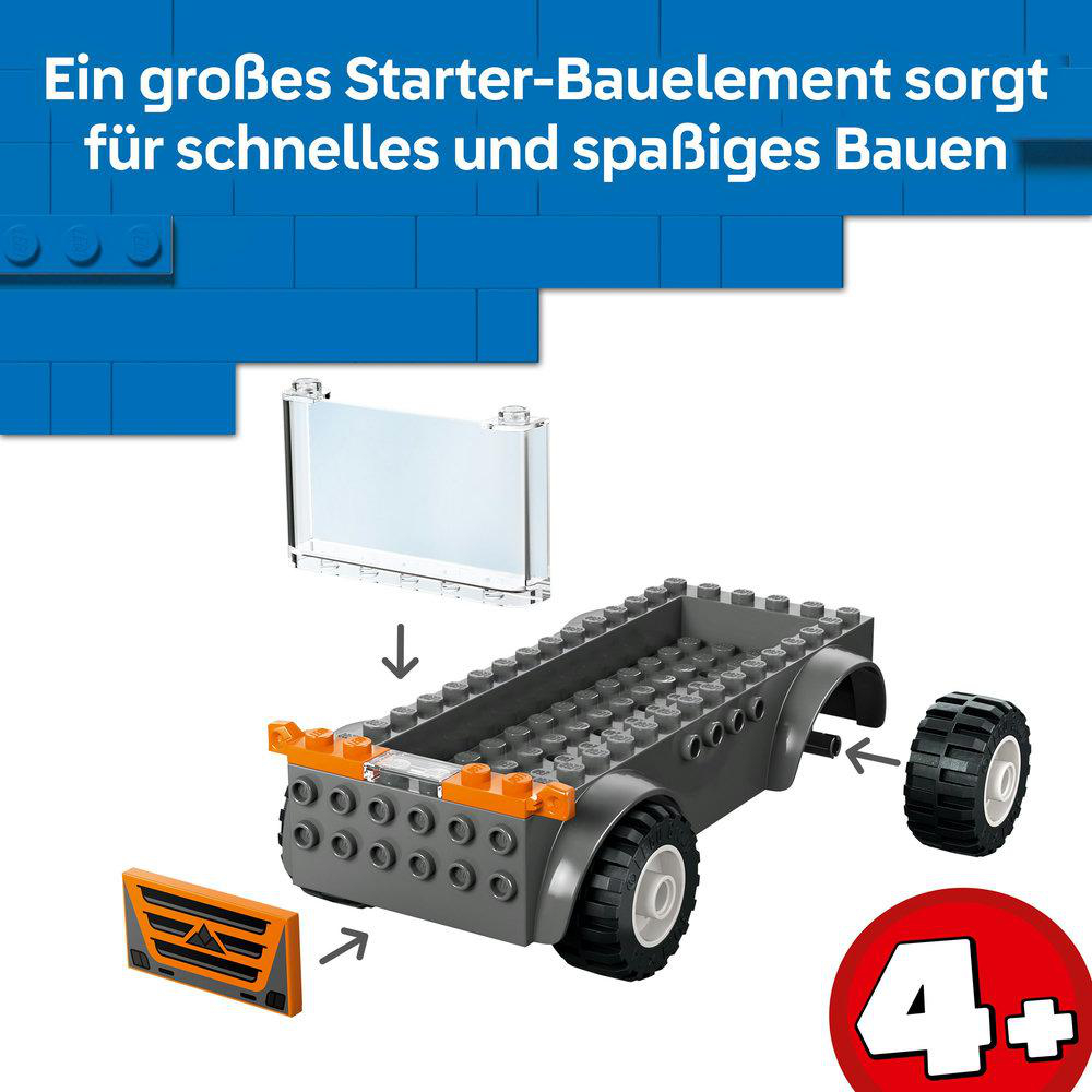 Das Bild zeigt LEGO-Autoteile, darunter ein Chassis, Räder und ein Fenster. Ein 4+-Logo befindet sich unten rechts.