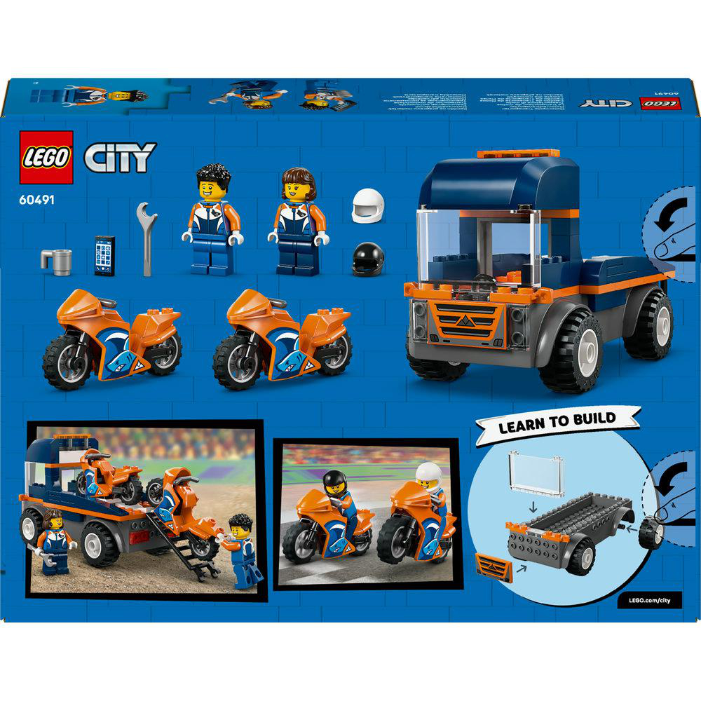 Lego City Set-Box. Enthält Lego-Figuren, Motorräder, einen LKW und einen Anhänger. Anweisungen und zusätzliche Teile sind abgebildet.