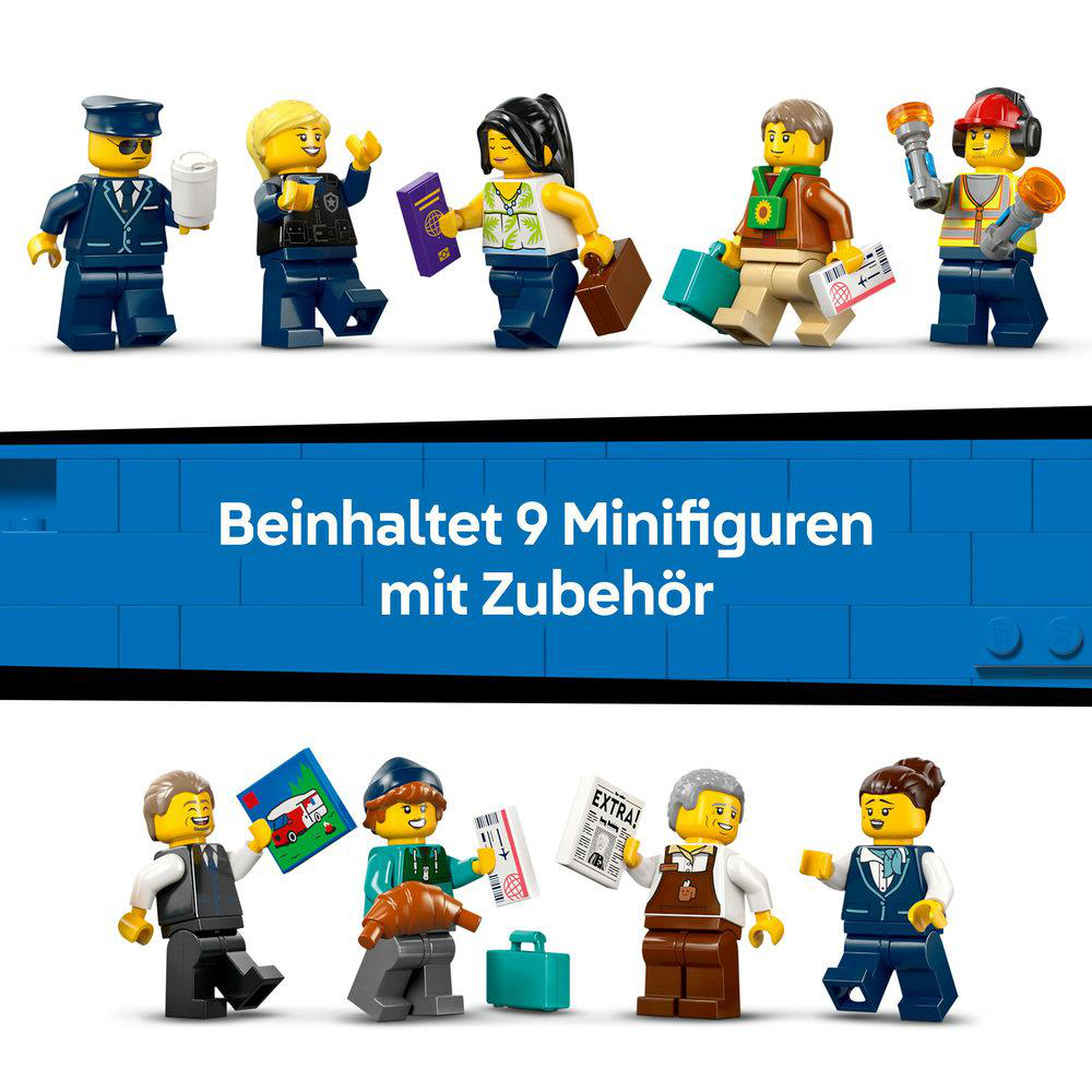 Neun Lego-Minifiguren mit Zubehör werden angezeigt, darunter ein Polizist, eine Frau mit Reisepass und ein Mann mit Ticket.