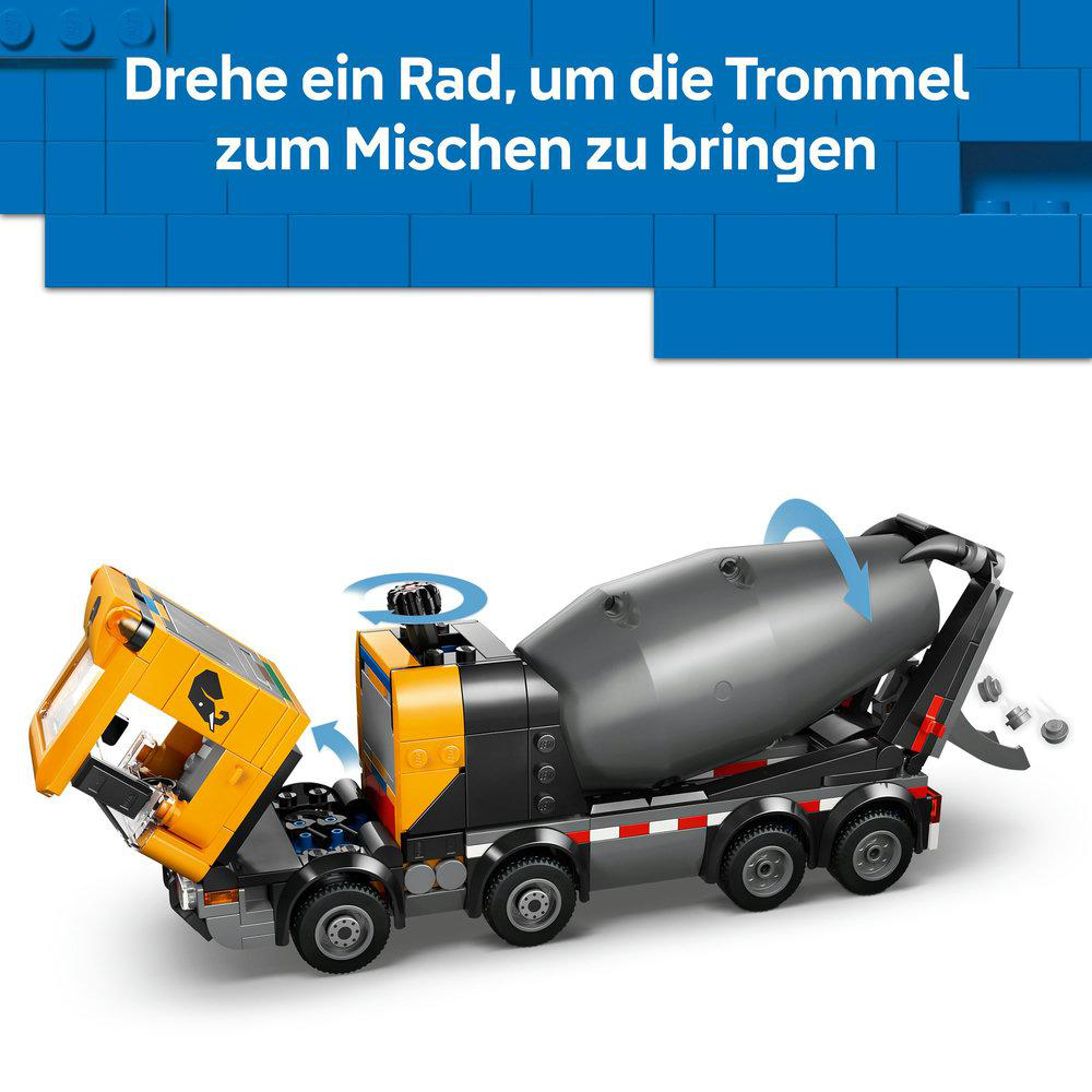 Ein Spielzeug-Zementmischwagen. Die Kabine ist gelb und der Mischer grau. Pfeile zeigen die Mischwirkung.