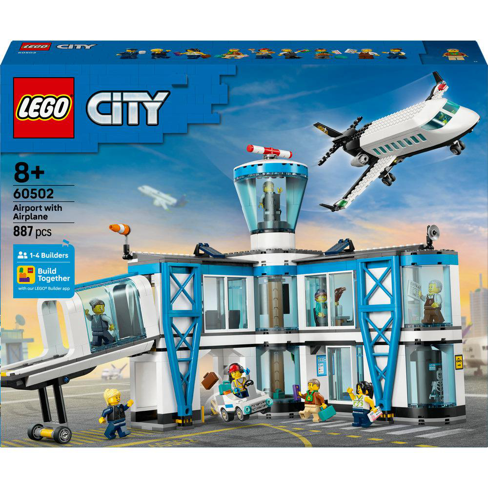 LEGO City Flughafen-Set mit Flugzeug, Kontrollturm und Minifiguren. Verfügt über ein weiß-blaues Gebäude und einen Jet am Himmel.