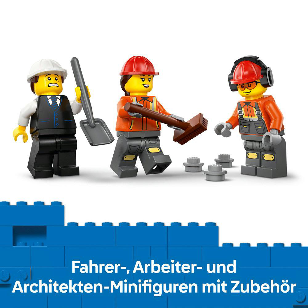 Drei Lego-Figuren: ein Architekt mit einer Schaufel, ein Arbeiter mit einem Besen und ein Bauarbeiter mit Kopfhörern, mit Zubehör.