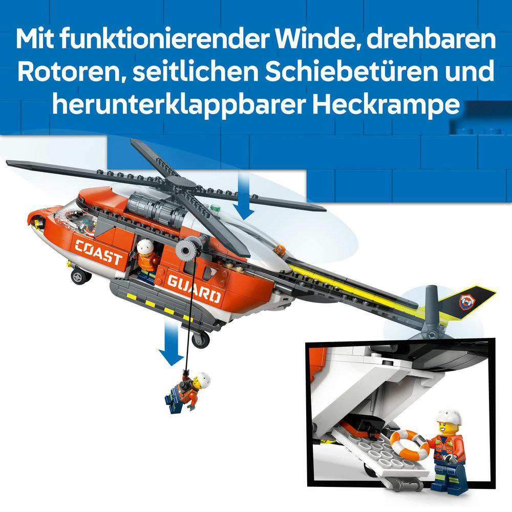 Ein orangefarbener Coast Guard Hubschrauberspielzeug mit sich drehenden Rotoren. Es hat Türen, eine Rampe und Figuren. Ein kleiner Ausschnitt zeigt eine Rettung.