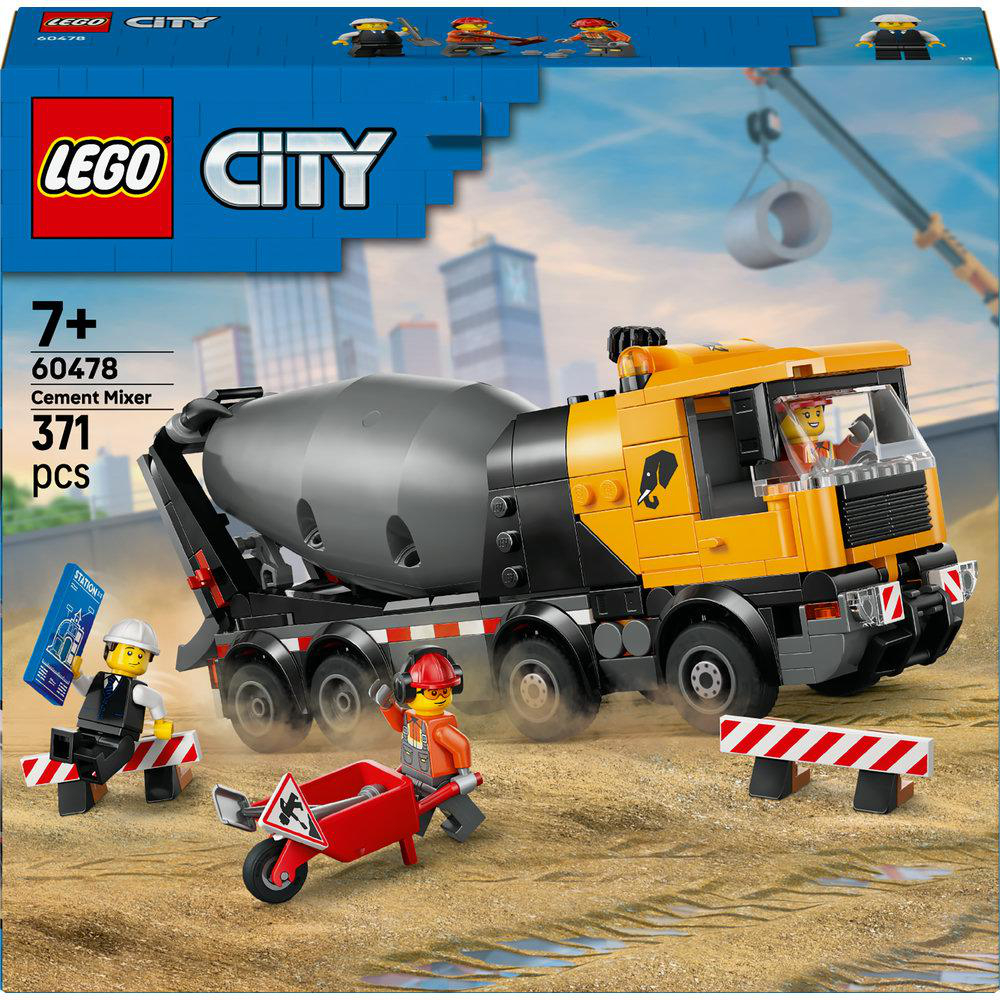 Lego City Zementmischer-Set. Ein gelber Lastwagen mit einem grauen Mischer. Arbeiter, Schubkarre, Straßenschilder und eine Stadtlandschaft im Hintergrund.