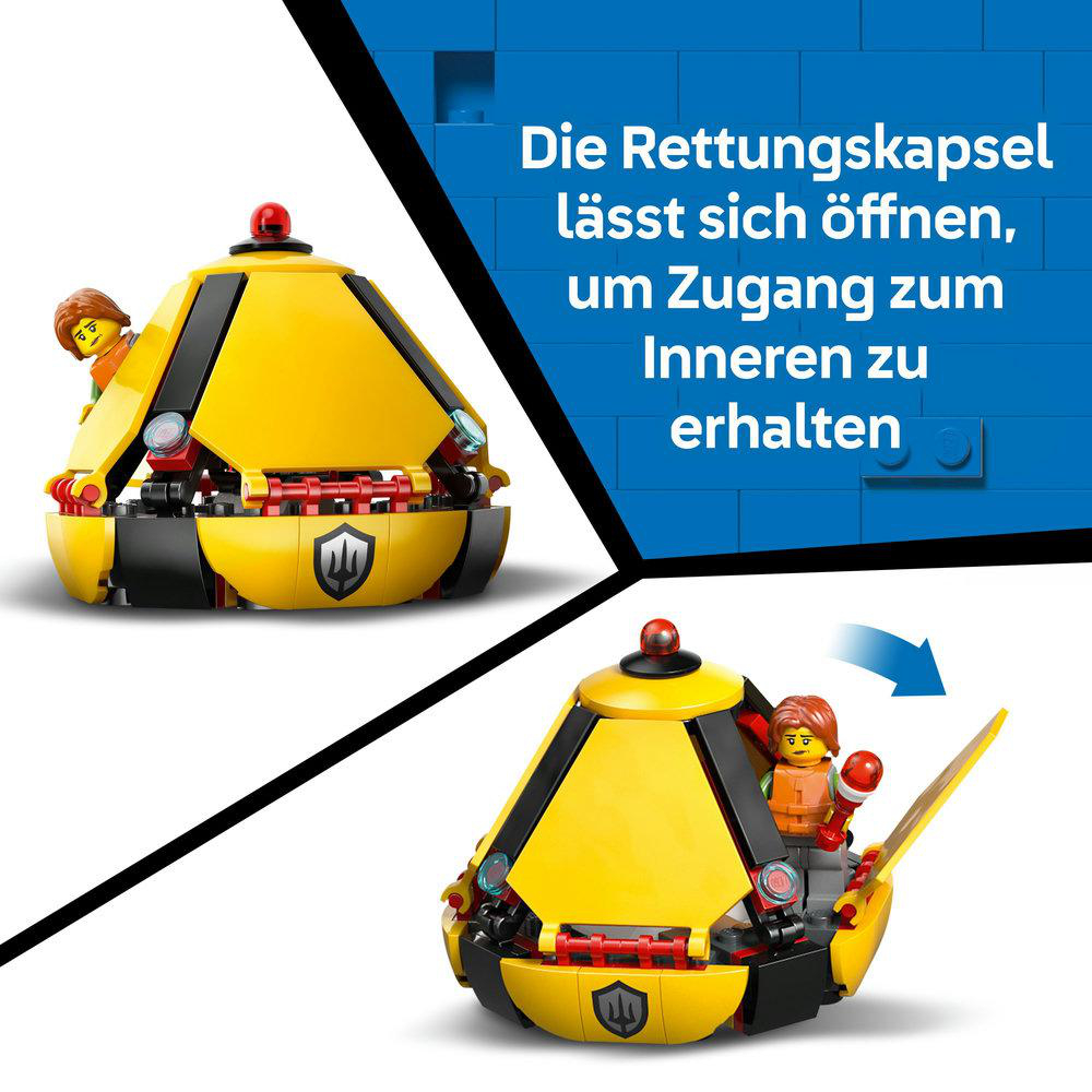 Eine gelbe Rettungskapsel mit rotem Licht öffnet sich und gibt eine Figur frei. Text: 'Die Rettungskapsel lässt sich öffnen.'