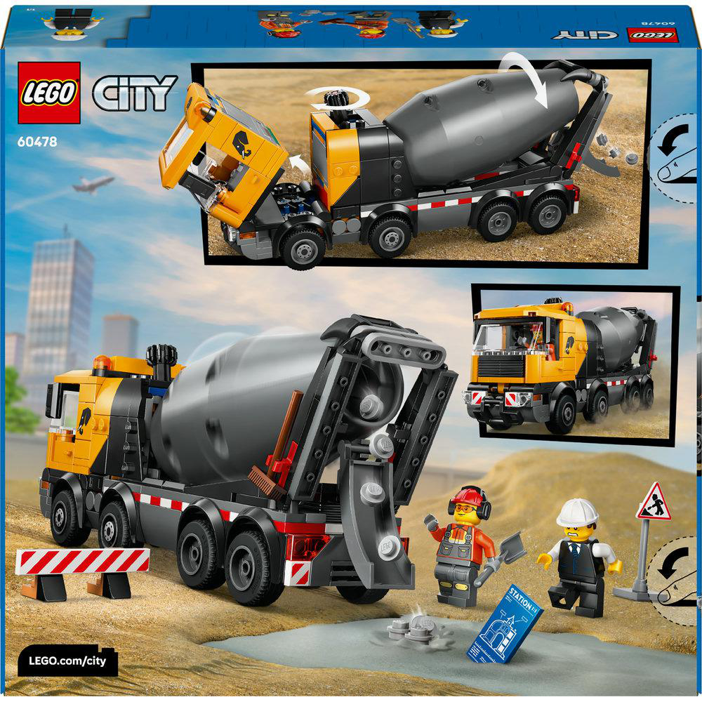 LEGO City Zementmischer-Spielzeugset mit Figuren. Das Set enthält einen gelb-schwarzen Zementmischer und Bauarbeiter.
