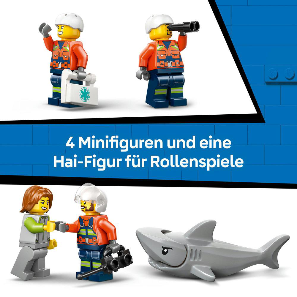 Das Bild zeigt vier Lego-Minifiguren und ein graues Hai-Spielzeug. Minifiguren tragen Helme, Westen und Werkzeuge. Text: '4 Minifiguren und ein Hai'.
